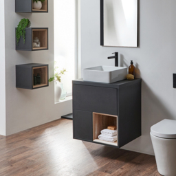 600mm Black Grey Wall Hung Vanity Unit w/ Countertop Basin & LED - thumbnail 4