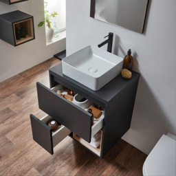 600mm Black Grey Wall Hung Vanity Unit w/ Countertop Basin & LED - thumbnail 3