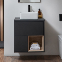 600mm Black Grey Wall Hung Vanity Unit w/ Countertop Basin & LED - thumbnail 1