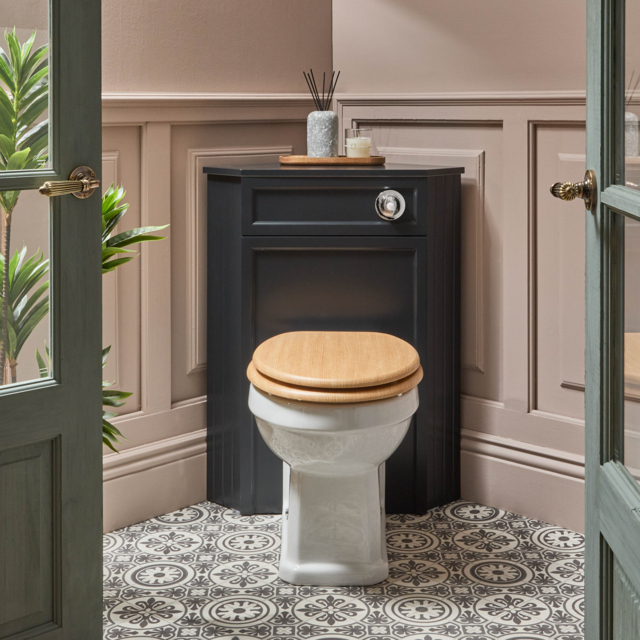 Milano Thornton - Black Grey Traditional Corner WC Unit with Richmond Back to Wall Toilet, Chrome Flush and Oak Soft Close Seat
