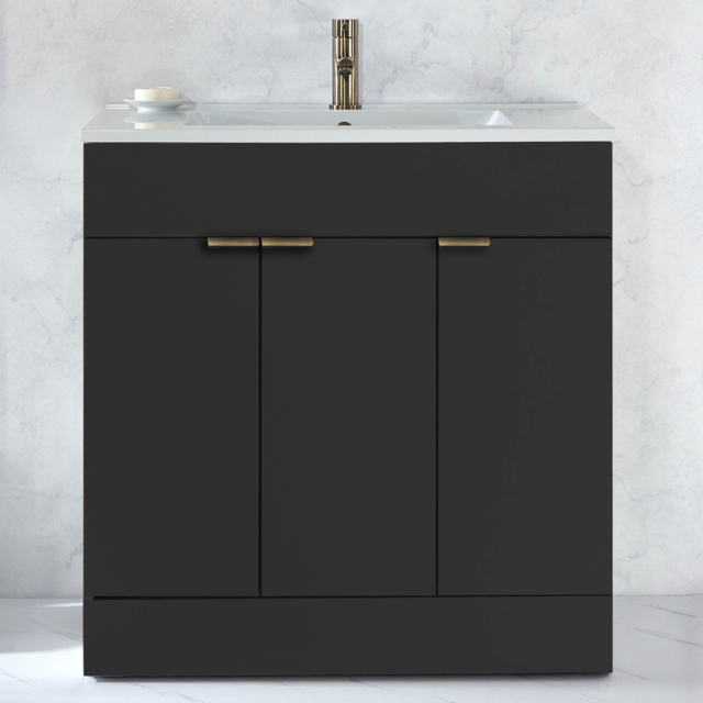 Milano Lurus - Black Grey 810mm Modern Vanity Unit with Basin and Aged Gold Finger Pull Handles