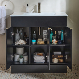 Black Grey Modern 800mm Free Standing Vanity Unit with Basin - Brushed Gold Finger Pull Handles - thumbnail 2
