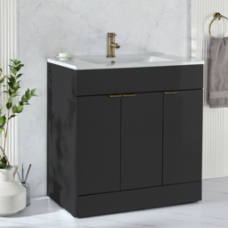 Black Grey Modern 800mm Free Standing Vanity Unit with Basin - Brushed Gold Finger Pull Handles - thumbnail 3