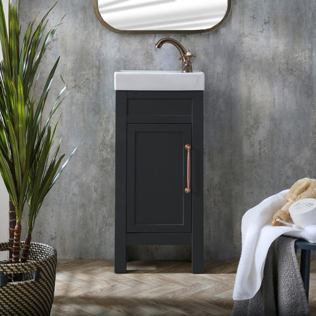 Milano Aston - Black Grey 400mm Traditional Cloakroom Vanity Unit with Basin and Aged Bronze Classic T-Bar Handle