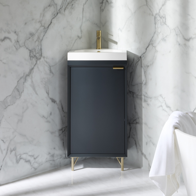 Milano Edge - Anthracite 450mm Modern Cloakroom Corner Vanity Unit with Basin and Brushed Brass Finger Pull Handle