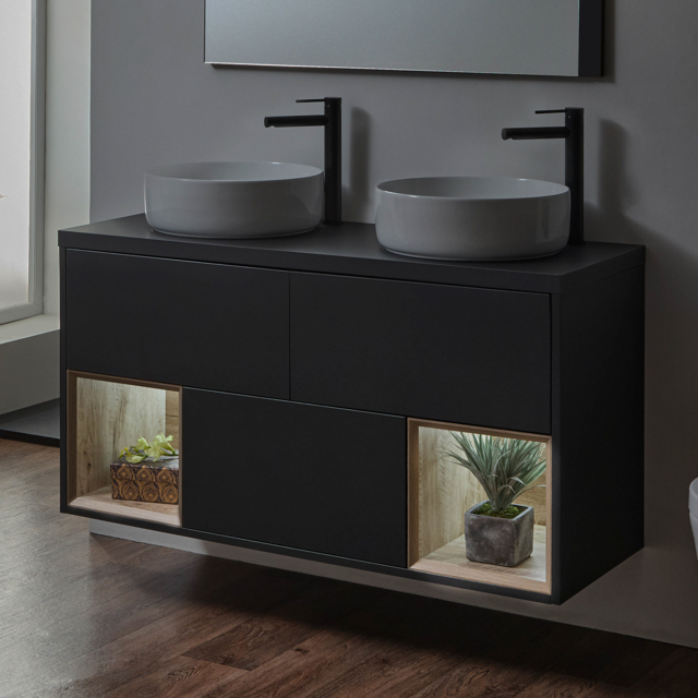 Milano Bexley - Black Grey 1200mm Wall Hung Open Shelf Vanity Unit with Round Countertop Basins and LED Light