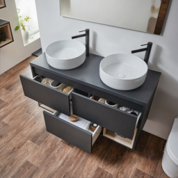 Black Grey 1200mm Wall Hung Open Shelf Double Round Countertop Basin Vanity Unit with LED Light Milano Bexley - thumbnail 4