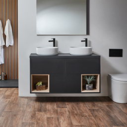 Black Grey 1200mm Wall Hung Open Shelf Double Round Countertop Basin Vanity Unit with LED Light Milano Bexley - thumbnail 3