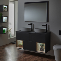 Black Grey 1200mm Wall Hung Open Shelf Double Round Countertop Basin Vanity Unit with LED Light Milano Bexley - thumbnail 2