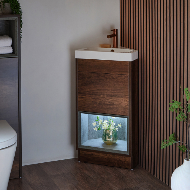 Milano Bexley - Dark Oak 450mm Modern Open Shelf Cloakroom Corner Vanity Unit with Basin and LED Light