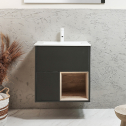 Milano Bexley - 612mm Wall Hung Black Grey Open Shelf Vanity Unit with Chalk Basin