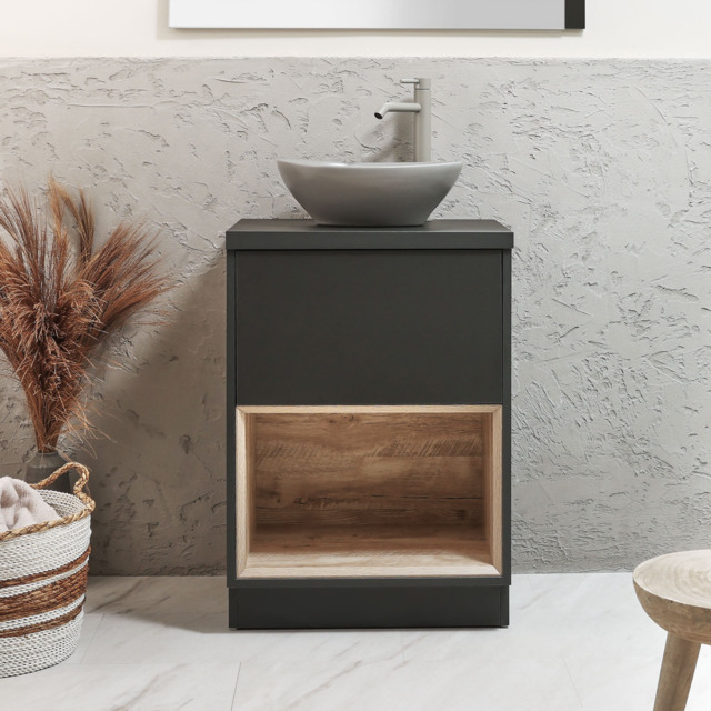 Milano Bexley - 600mm Black Grey Open Shelf Vanity Unit with Oval Pebble Countertop Basin