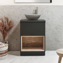 Milano Bexley - 600mm Black Grey Open Shelf Vanity Unit with Oval Pebble Countertop Basin