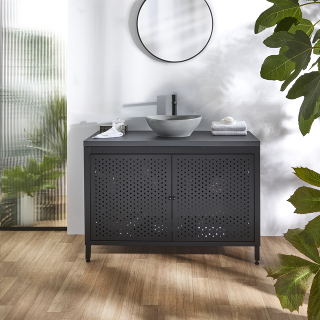 Milano Beswick - Black Metal 1200mm Vanity Unit with Black Grey Countertop and Elements Oval Pebble Basin