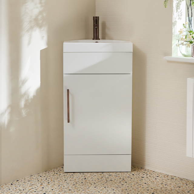 Milano Lurus - White 450mm Modern Cloakroom Corner Vanity Unit with Basin and Aged Bronze T-Bar Handles