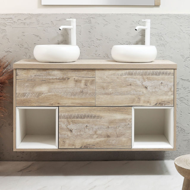 Milano Bexley - 1200mm Wall Hung Light Oak Open Shelf Vanity Unit with Round Chalk Countertop Basins