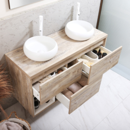1200mm Light Oak Wall Hung Basin Vanity Unit with Round White Countertop Basins - thumbnail 4