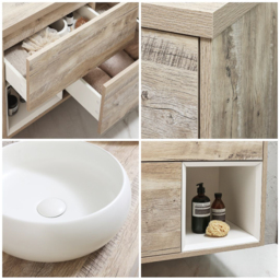 1200mm Light Oak Wall Hung Basin Vanity Unit with Round White Countertop Basins - thumbnail 6