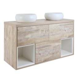 1200mm Light Oak Wall Hung Basin Vanity Unit with Round White Countertop Basins - thumbnail 5