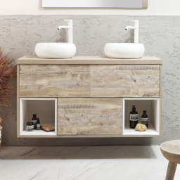 1200mm Light Oak Wall Hung Basin Vanity Unit with Round White Countertop Basins - thumbnail 2