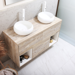 1200mm Light Oak Wall Hung Basin Vanity Unit with Round White Countertop Basins - thumbnail 3