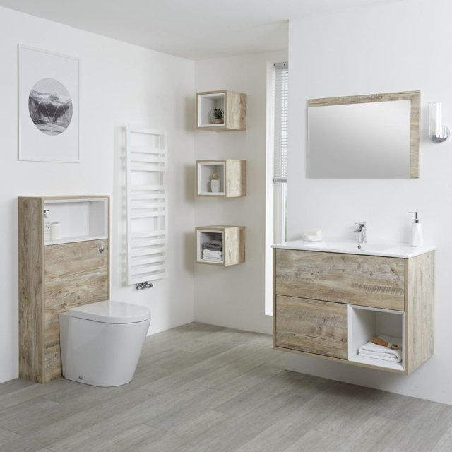 Milano Bexley - 800mm Light Oak Vanity Unit, WC Unit, 300mm Storage Units and Mirror - With LED