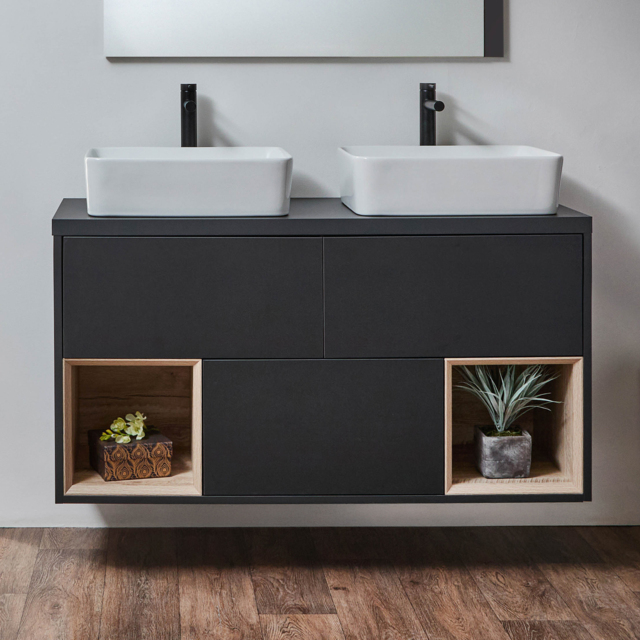 Milano Bexley - Black Grey 1200mm Wall Hung Open Shelf Vanity Unit with Rectangular Countertop Basins
