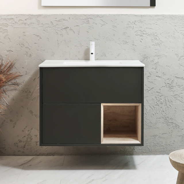 Milano Bexley - 812mm Wall Hung Black Grey Open Shelf Vanity Unit with Chalk Basin