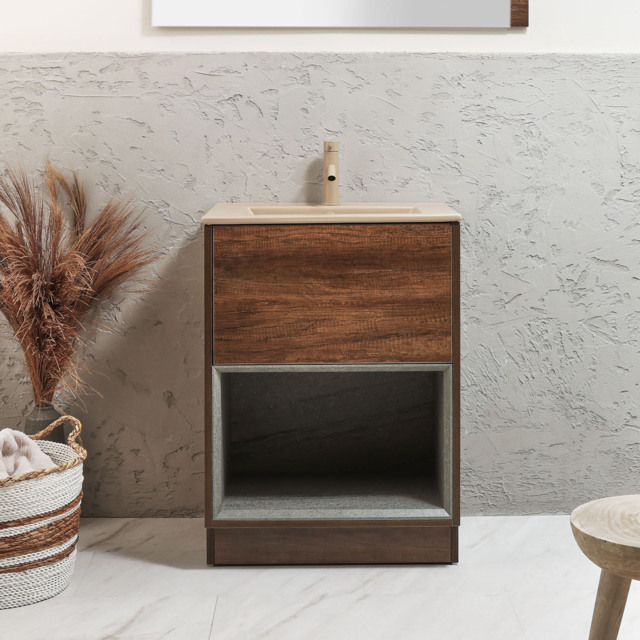 Milano Bexley - 612mm Dark Oak Open Shelf Vanity Unit with Sand Basin