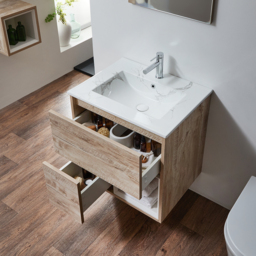 Milano Bexley - Light Oak 610mm Wall Hung Open Shelf Vanity Unit with White Basin - thumbnail 6