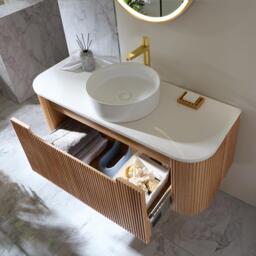 Oak 1200mm Curved Edge Fluted Wall Hung Round Countertop Basin Vanity Unit Milano - thumbnail 4