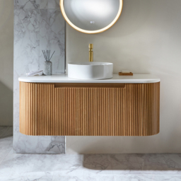 Milano Chalton - Oak 1200mm Curved Wall Hung Fluted Vanity Unit with Round Countertop Basin