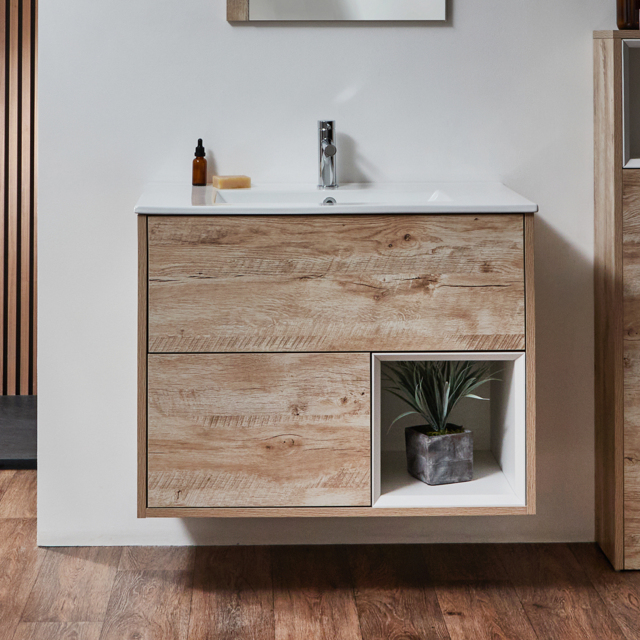 Milano Bexley - Light Oak 810mm Wall Hung Open Shelf Vanity Unit with White Basin