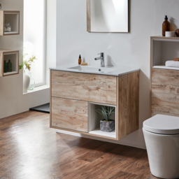 Light Oak 810mm Wall Hung Open Shelf Vanity Unit With White Basin Milano Bexley - thumbnail 4