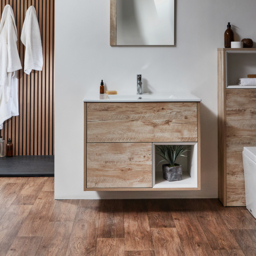 Light Oak 810mm Wall Hung Open Shelf Vanity Unit With White Basin Milano Bexley - thumbnail 2