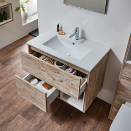 Light Oak 810mm Wall Hung Open Shelf Vanity Unit With White Basin Milano Bexley - thumbnail 3