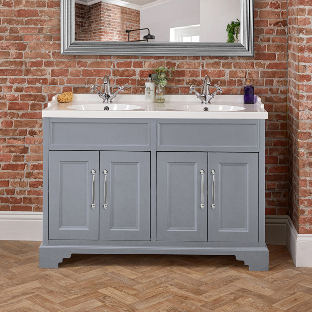 Milano Thornton - Light Grey 1210mm Traditional Vanity Unit with Double Basin and Classic T-Bar Chrome Handles