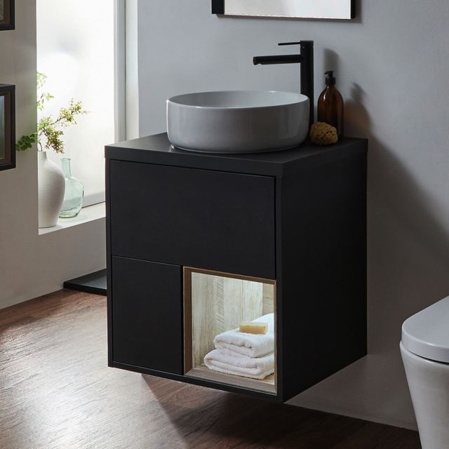 Milano Bexley - Black Grey 600mm Wall Hung Open Shelf Vanity Unit with Round Countertop Basin and LED Light