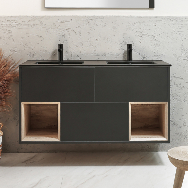 Milano Bexley - 1212mm Wall Hung Black Grey Open Shelf Vanity Unit with Graphite Double Basin