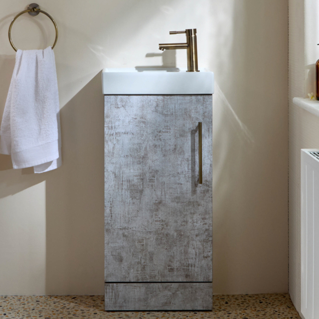 Milano Lurus - Concrete Grey 400mm Compact Freestanding Cloakroom Vanity Unit and Basin - with Aged Gold T-Bar Handle