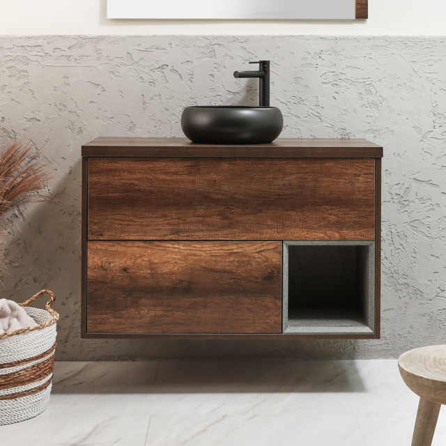 Milano Bexley - 1000mm Dark Oak Wall Hung Vanity Unit with Round Graphite Countertop Basin - With LED