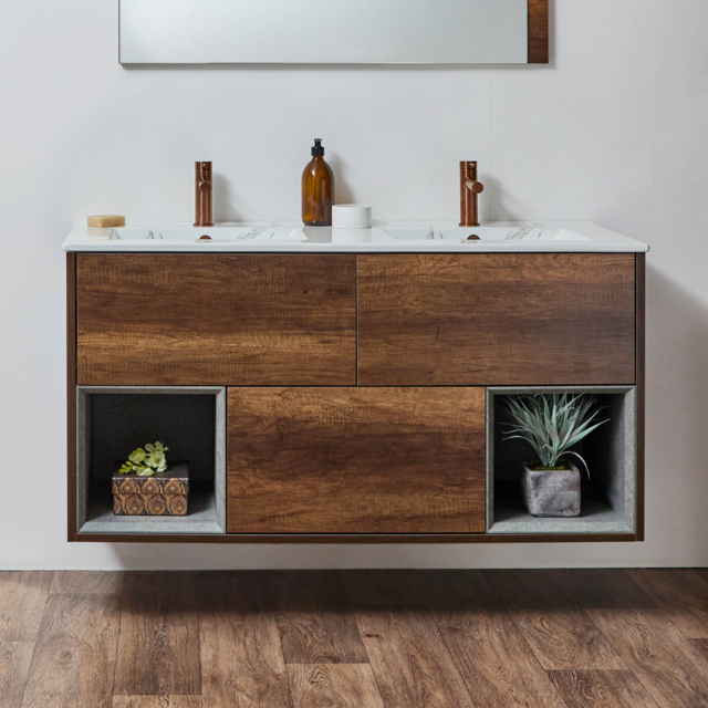 Milano Bexley - Dark Oak 1212mm Wall Hung Open Shelf Vanity Unit with Marble Effect Double Basin