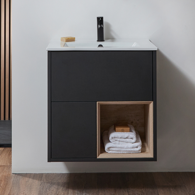 Milano Bexley - Black Grey 610mm Wall Hung Open Shelf Vanity Unit with White Basin