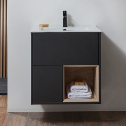 Milano Bexley - Black Grey 610mm Wall Hung Open Shelf Vanity Unit with White Basin