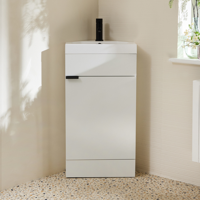 Milano Lurus - White 450mm Modern Cloakroom Corner Vanity Unit with Basin and Black Finger Pull Handles