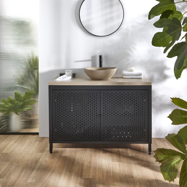 Milano Beswick - Black Metal 1200mm Vanity Unit with Light Oak Countertop and Elements Oval Sand Basin