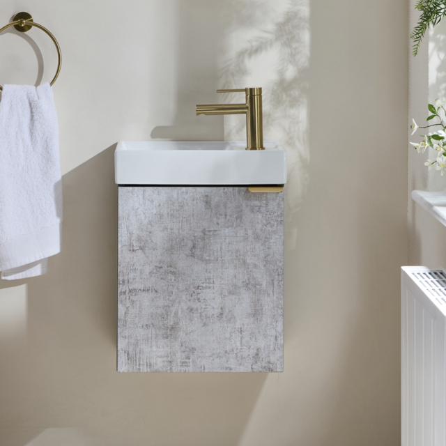 Milano Lurus - Concrete Grey 400mm Wall Hung Modern Cloakroom Vanity Unit with Basin and Brushed Brass Finger Pull Handle