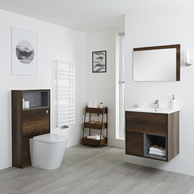Milano Bexley - 600mm Dark Oak Vanity Unit with Basin and WC Unit with Back To Wall Pan - With LED