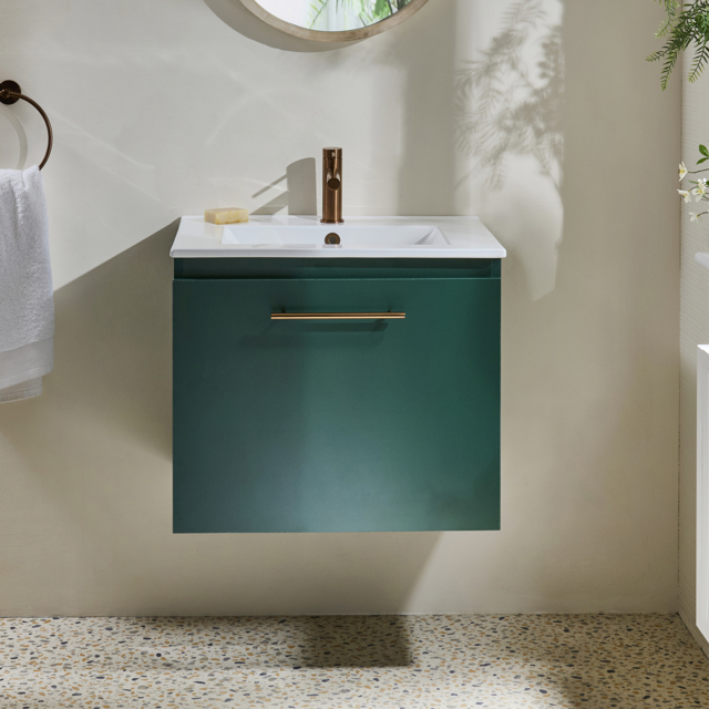 Milano Lurus - Dark Green 600mm Modern Wall Hung Vanity Unit with Basin and Brushed Copper T-Bar Handle