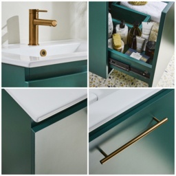 Dark Green Modern 600mm Wall Hung Vanity Unit with Brushed Copper Bar Handle - thumbnail 5